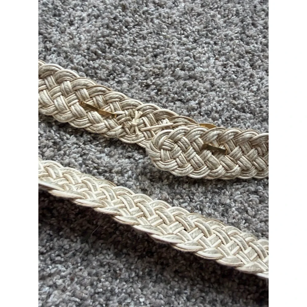 Vintage Braided Stretch Belt Beige Gold Tortoise Shell Buckle Retro Woven Boho